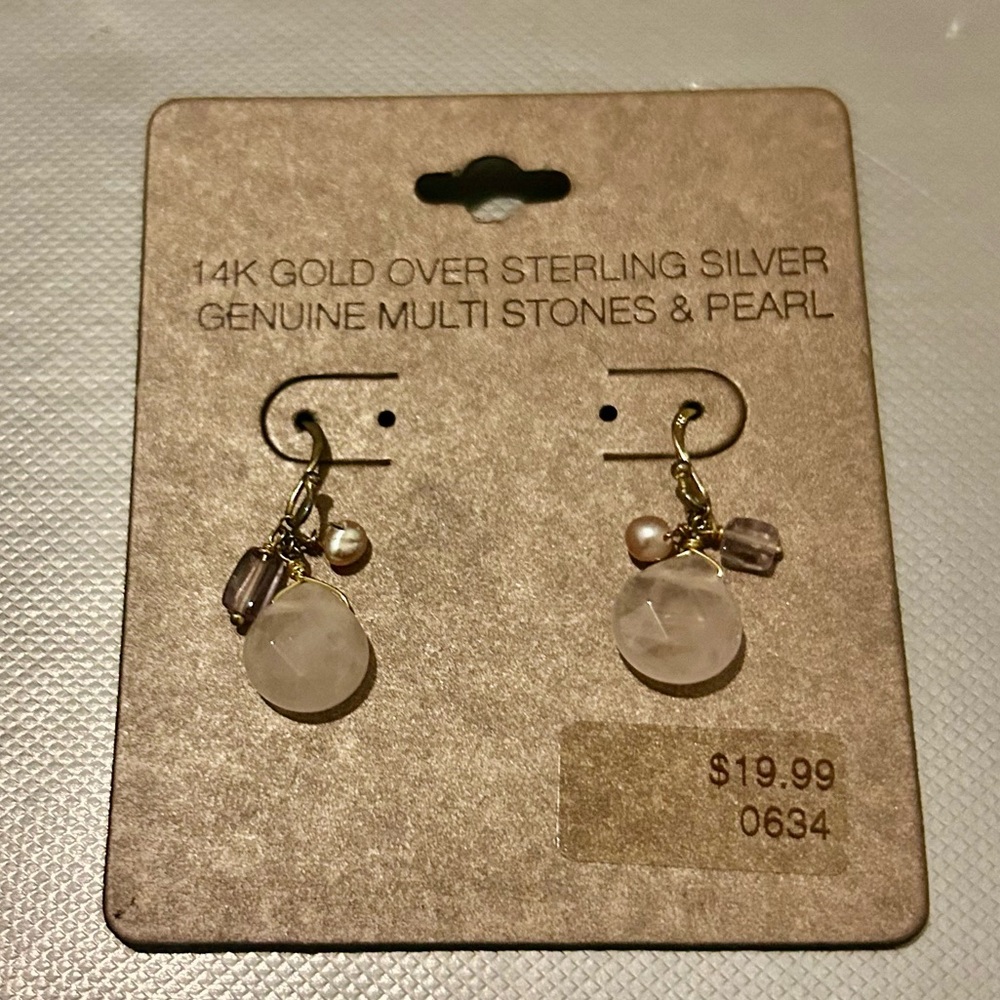 New 14K Gold over Silver Genuine Multi Stone & Pearl on Wire Earrings